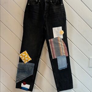 H&M Upcycled Black Cotton Denim Jeans with Denim and Fabric Patches